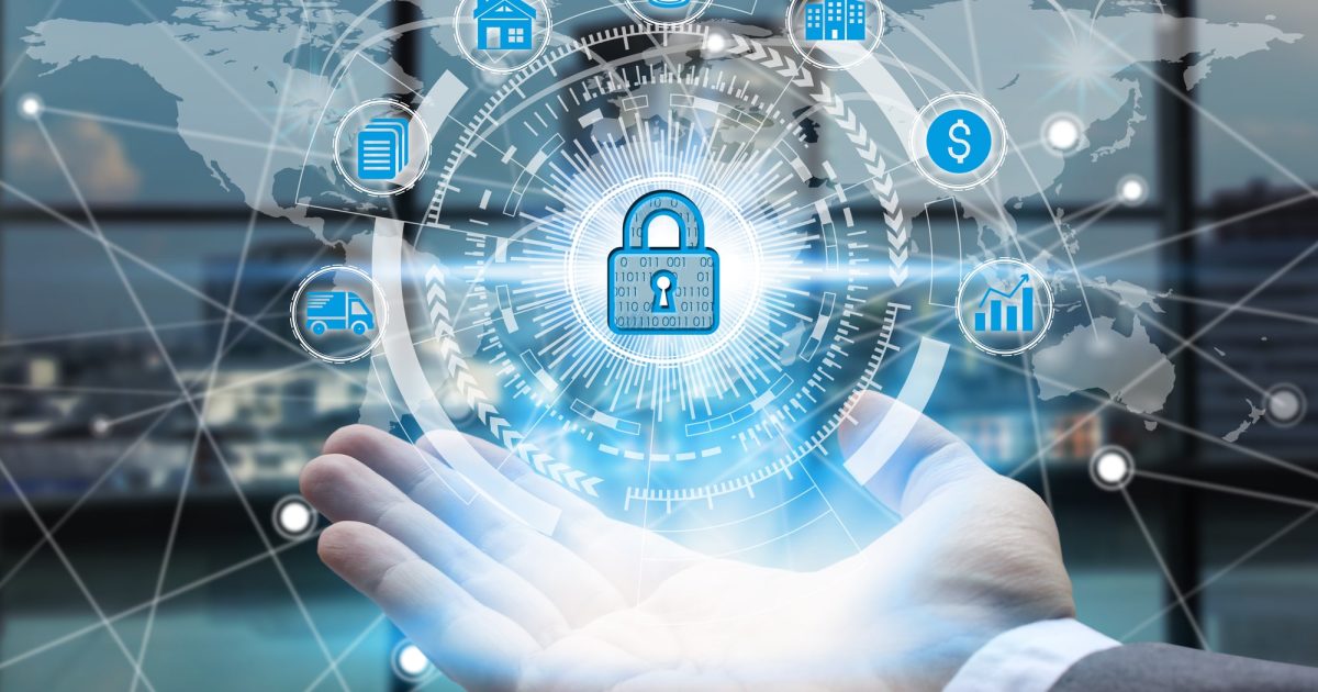 Businessman hand holding network using padlock over the Network