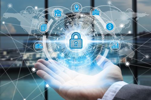 Businessman hand holding network using padlock over the Network